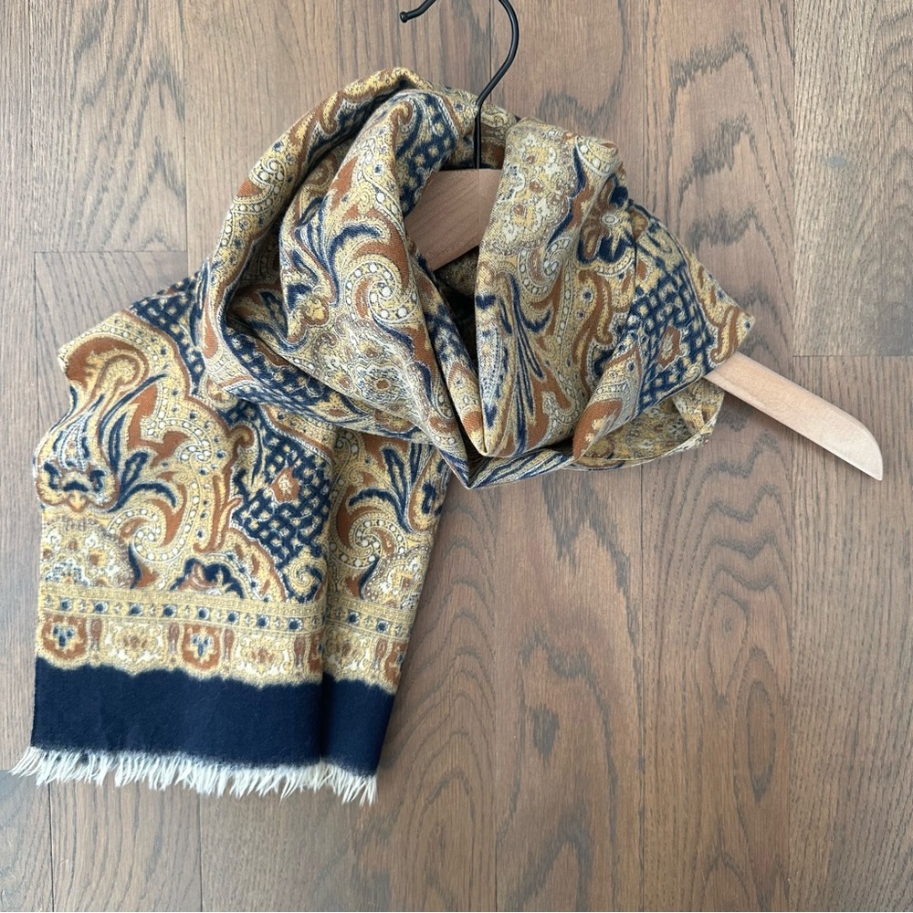 Anthropologie Vintage Paisley Oblong Wool Woven Scarf Navy Blue, Gold, Brown